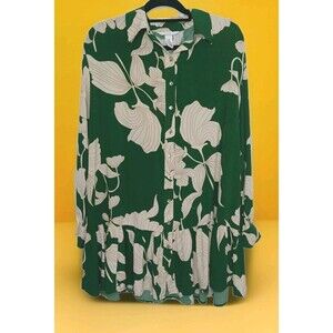 H&M Green Floral Leaf Print Drop Waist Button-Up Long Sleeve Mini Dress Sz M